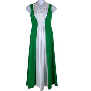 Vintage Size Large Dress Maxi 60s 70s Fortrel Polyester V Neck Green White FLAW